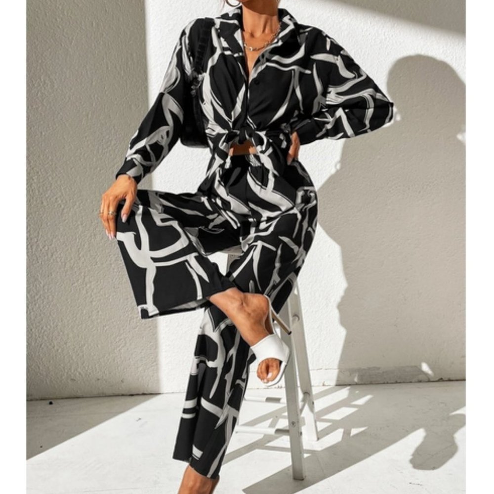 white black shirt & wide leg pant set chic fun - Picture 1 of 6